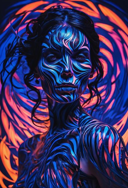raw photo, the skull is distorted by the twists and turns of a woman with dark hair, in the style of neon impressionism, spiral vortex patterns, dark blue and light black, photoillustration, made of feathers, expressive light and shadow, expressionist emotiveness
