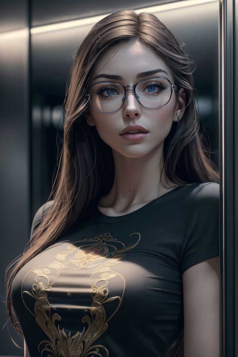 A beautiful woman with short brown hair and glasses is wearing a black shirt.