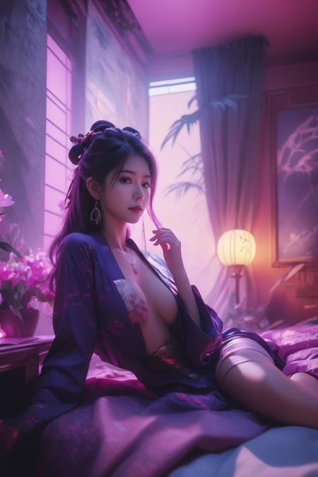 neonpunk style a girl in the house bedroom,hard lighting . cyberpunk, vaporwave, neon, vibes, vibrant, stunningly beautiful, crisp, detailed, sleek, ultramodern, magenta highlights, dark purple shadows, high contrast, cinematic, ultra detailed, intricate, professional