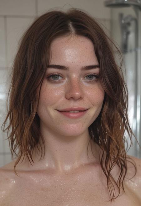 1girl, 8k raw, high res, ultrarealistic, (((hippie))), hyperrealistic, natural light, good lighting, textured skin,  photorealism, DSLR photo, high details, detailed face, masterpiece, cinematic, detailed hair, skin pores, an award winning photo of 22 year old super model carly, freckles, petite, shoulder length hair, beautiful, shy, small breasts, (perky), thin body, standing in a shower, detailed background, enigmatic smile, full body shot
Reacting to her first experience with a dose of LSD.