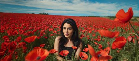 UHD, 8K, ultra detailed, a cinematic photograph of a woman 32yo sitting on top of a field of red flowers,black long hair,poppy field, bright sun, blue sky,beautiful hair, beautiful lighting, great composition, cinematic still a woman 32yo sitting on top of a field of red flowers,black long hair,poppy field, bright sun, blue sky,beautiful hair . emotional, harmonious, vignette, 4k epic detailed, shot on kodak, 35mm photo, sharp focus, high budget, cinemascope, moody, epic, gorgeous, film grain, grainy, a woman 32yo sitting on top of a field of red flowers,black long hair,poppy field, bright sun, blue sky,beautiful hair, friendly, delicate, detailed, dramatic light, refined, rich deep colors, detail, cinematic, sharp focus, elegant, highly intricate, innocent, designed, vivid, unique, epic, fine, best, modern