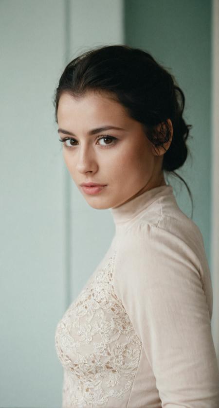 cinematic film still straight black hair, 19 years old Polish girl, dark brown eyes, bending forward towards viewer, fine art editorial photography, tight long sleeve top, perfect eyes