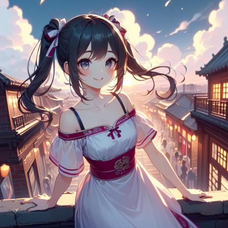 (((masterpiece))),  (((best quality))),  (((crowd in busy old street))),  wind,  cloud sky,  night,  solo,  1girl,  smile,  rosy lips,  short sleeves,  off shoulders,  (((collarbone))),  qipao hanfu mixed,  ((girl stand on top floor)),  teenager,  ribbon bunhair twintails,  petite figure,<lora:EMS-221092-EMS:1.000000>