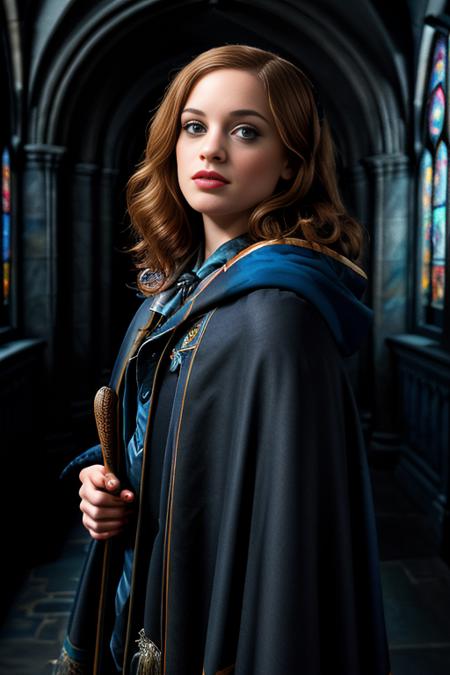 a cinematic still of beautiful(J4n313vy:1.1) woman,as a professor at Hogwarts,wearing a (Ravenclaw magician cloak:1.4),holding up an exquisite carved magic wand,standing in a long hallway,with gothic stone archways,with stained glass windows,(dramatic pose:1.2),long hair,lipstick,makeup and eyeshadow,(looking at viewer),sharp focus,detailed eyes,depth of field,(highly detailed),(HDR),(8k wallpaper),intricately detailed,highres,absurdres,hyper realistic,8K UHD DSLR,Fujifilm XT3,taken with (Canon EOS 1Ds camera),extremely intricate,dramatic,4k textures,elegant,(cinematic look),PA7_Portrait-MS,<lora:J4n313vy_03C-000004:0.9>,