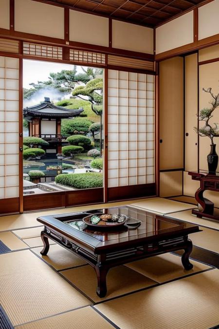 japaninterior, living room, table wooden, steam, dim light, ornament, mirror, ornate, detail, traditional, ceramic, painting, japan calligraphy, garden, <lora:ARWJapanInterior:1>