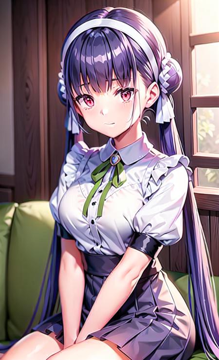 finely detail, extremely detailed CG unity 8k, (ultra-detailed)
1girl, solo, skirt, long hair, short sleeves, shirt, looking at viewer, purple hair, book, black footwear, hair bun, white hairband, hairband, twintails, red eyes, shoes, white shirt, bangs, holding, bookshelf, puffy sleeves, pleated skirt, puffy short sleeves, long skirt, apron, very long hair, closed mouth, squatting, blurry, indoors, double bun, breasts