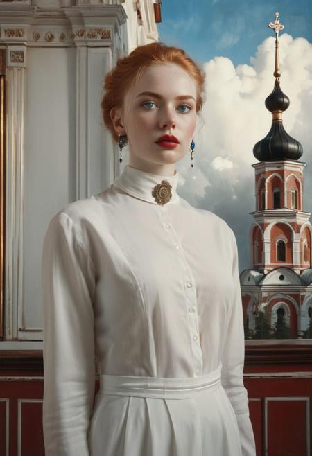An image of a cute girl in liminal soviet room, girl ,analog photo, full body, in camera frame, mia cole, pale skin, tall height, against the background of the Russian Orthodox Church, blue sky, sunny day, epic clouds, (oil on canvas:0.1), nicola samori, art by Jeremy Mann, god rays, dramatic light, <lora:ClassipeintXL2.0:0.35> <lora:NicolaSamori_2:0.2>   long bob-cut hair, shiny oiled skin, pale skin, jennifer connely, red hair slightly curly hair, (extra Large breasts), pale white skin, shiny oiled skin, pale skin,   realistic eye and face details), hyperrealism, very slim, fit body, bright face, blue eyes, choker, make-up, earrings, near the soviet kitchen, strict stockings,
2(art by Odd Nerdrum and Adolf Mosengel and Jens Lund:1.2), (crystal-clear and hip atmosphere, led displays, aesthetic of tonalism:0.1), leading lines, unconventional exceptional tour de matre with elegant details, (crimson and fuchsia colors:0.1), <lora:MJ52:0.65>
