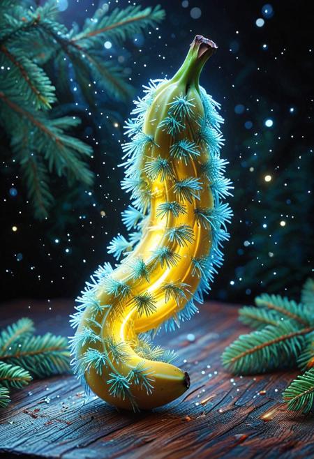 8k analog photo, Tilt shift photography style, quarter view, glow of bioluminescent A banana made out of fir needles, ethereal quality environments, ( Unmanned:1.2), High Quality, Soft Texture, Full Colour, 80mm, simple dark background,