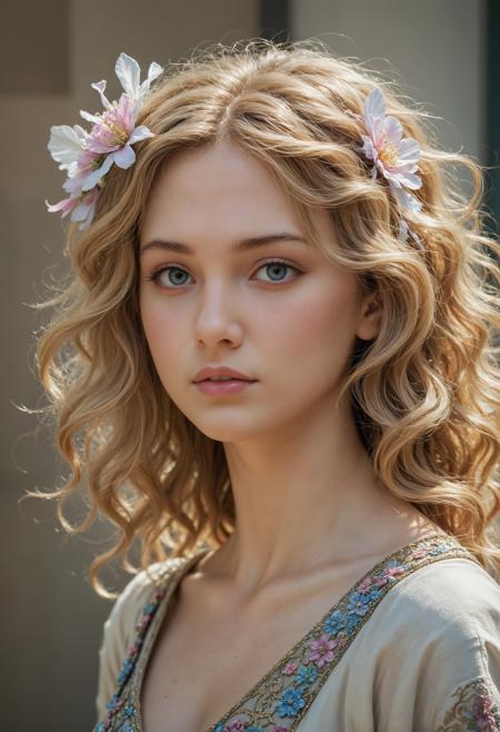 portrait of a 25 year old woman with blonde curly hair. She is wearing a white dress with blue and pink floral embroidery on the neckline and sleeves. Her hair is styled in loose curls that frame her face and cascades over her shoulders. She has a flower crown on her head, which is made up of pink and white flowers.