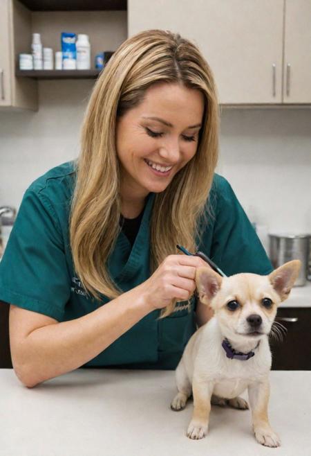 Veterinary clinic view of a Canadian veterinarian, 35 years old, blending professional care with an air of gentle allure, kind, nurturing face, attending to animals in a bustling Toronto animal clinic. She's examining a small dog, her movements gentle and assured, a soft, reassuring smile directed towards the pet owner.
Her hair, long and honey-blonde, is pulled back into a neat bun, practical for her work yet softening her features. 
She has a slender, nurturing build. Dressed in a (crisp, fitted lab coat) over a (light, patterned blouse) and (comfortable slacks), her outfit is both professional and subtly charming.
 sharp focus, high resolution, (blush, eye_wrinkles:0.6), (goosebumps:0.5), subsurface scattering, ((skin pores)), (detailed skin texture), (( textured skin)), realistic dull (skin noise), visible skin detail, skin fuzz, dry skin, hyperdetailed face, sharp picture, sharp detailed, (((analog grainy photo vintage))),
 unbuttoned sweater, revealing shoulders, (best quality, high quality, photograph, hyperrealism, masterpiece, 8k:1.3), mestizo, burly, white shaggy hair, legskin, dark skin, smile, (low-key lighting, dramatic shadows and subtle highlights:1.1),