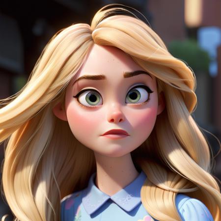 Pixar animated character of a woman with long blonde hair,   <lora:elfanning_xl_1_standard-000081:1>