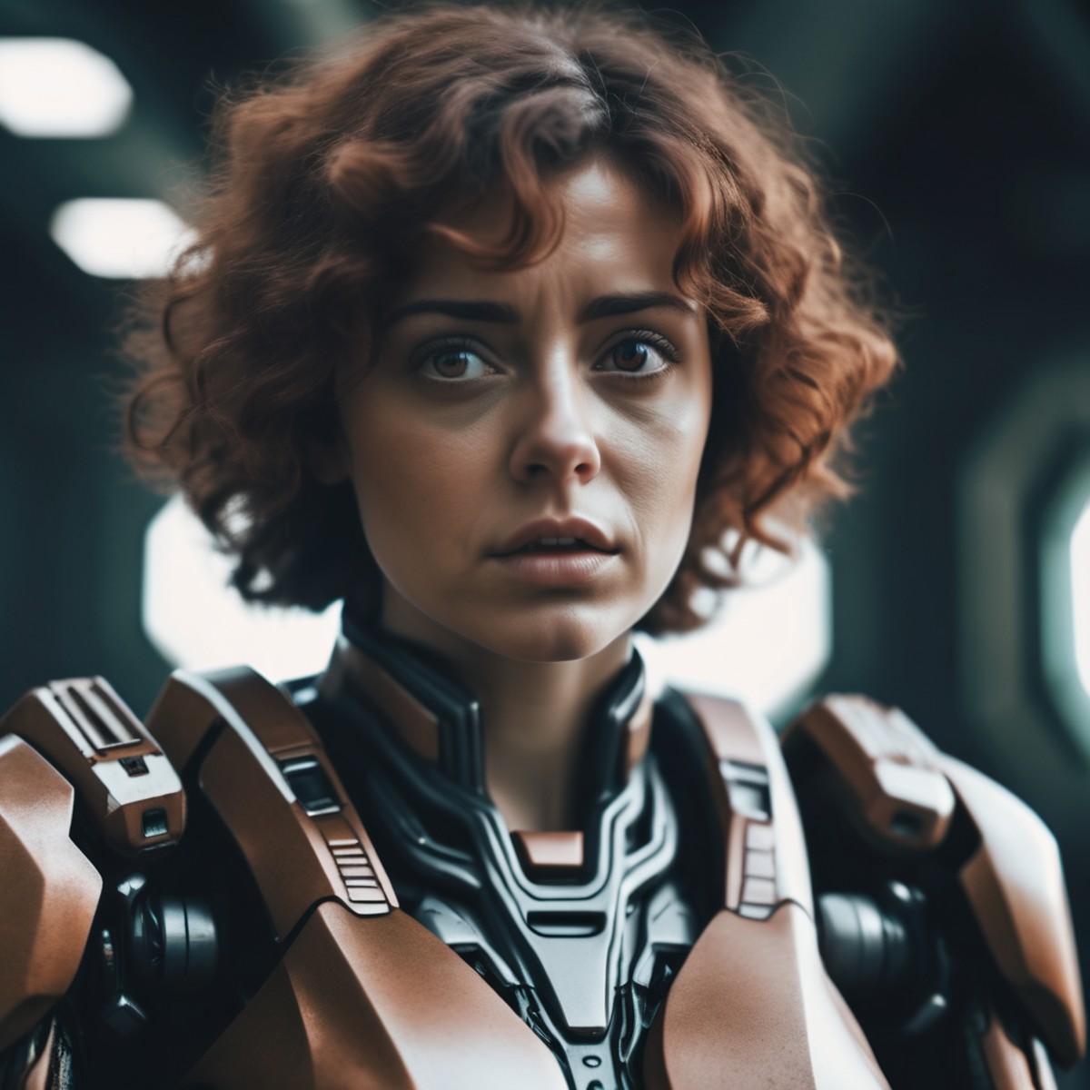 <lora:TestLUTs1-000016:0.6>
extreme closeup photo of a scared woman in a mecha with brown curly hair, aliens cinematic LUT