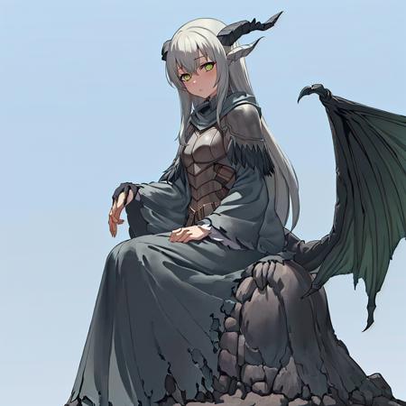 (masterpiece:1.4),(best quality:1.3),paarthurnax, dragon girl, 1girl, solo, long hair, monster girl, dragon wings, dragon horns, wings, horns, genderswap, facing viewer, sitting, throne,  <lora:last-000002:0.8>