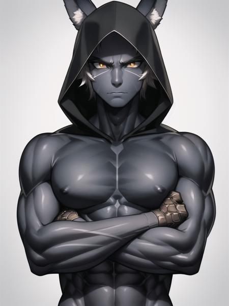 (T-shirt hood crossed arms, arms, muscle muscular Macho large pectorals abs veins, veiny_arms, veiny_hands, veiny_belly, veiny_breasts, dark_skin, upper_body), eyes_glittering, detailed_eyes, beautiful_and_delicate_eyes, anime_face, panning_photography, high-quality 8k ultra-resolution, face_like_game_character, character_design, best_quality, shirt, short_hair skindentation, (solo male, detailed_eyes streaked_hair), (wolf_ears), male_focus, short_hair, toned, toned_male