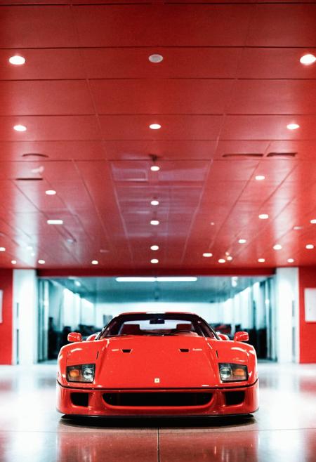 analog film photo (Sportscar gleaming red Ferrari F40, symmetrical front view, indoors), white neon lights, (stylish, film grain:1.3) . faded film, desaturated, 35mm photo, grainy, vignette, vintage, Kodachrome, Lomography, stained, highly detailed, found footage