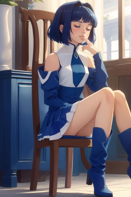 Kelvena, blue eyes, blue hair, short hair,  blue sleeves, bare shoulders, blue shirt, white pleated skirt, blue boots, 