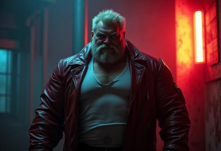 tall thin old man mutating into huge bodybuilder with gigantic muscles, gigantic muscles, fullbody shot, sharp crisp raw photograph with grain and noise, 80s synthwave style, dark night nighttime photography,  by gengoroh tagame and go fujimoto, neonlit hazy atmosphere that illuminates the character, older tall mature hairy blonde german musclechub man with a rough big chubby manly brute face and bushy eyebrows and hairy chest with dense blonde chesthair, small crooked down nose, pale blue eyes reflecting neonlight, small golden biker earring in left ear, wearing a dark red leather jacket with white v-neck tshirt underneath, dark leather pants, in dark hightech cyberpunk apartment in a futuristic brutalist megastructure, he is surrounded by a fiery electric powerful magic misty holographic aura because he has magic cybernetic fighting abilities, visual effects, vfx, very cozy intimate atmosphere, challenging arrogant smirk