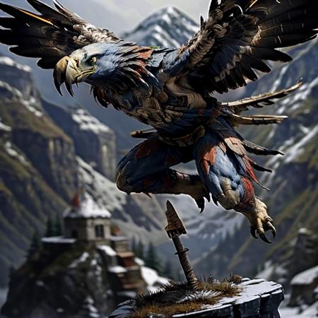 <lora:RPGAaarakocra:1>aarakocra:1.2, solo, flying, talons, hands, arms, armor, shoulder armor, blurry, blurry background, realistic:1.3, mountain, sharp focus, 8k,