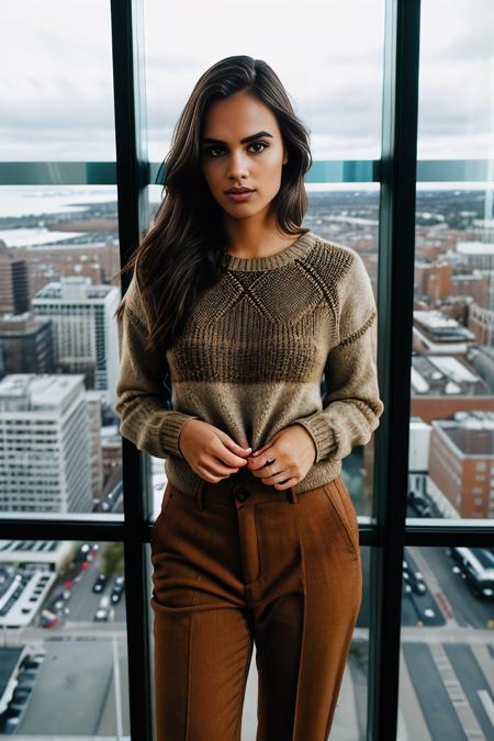 a professional photograph of beautiful (C4ryn41:1.1) woman,as a CEO,wearing a (tan sweater:1.1)and(brown slacks:1.2),standing in a (conference room:1.2),presenting (marketing briefing:1.3),(large windows with cityscape in background:1.3),table surround with management directors,long hair,jewelry,lipstick,makeup and eyeshadow,magazine photoshoot,sharp focus,detailed eyes,(highly detailed),(HDR),(8k wallpaper),colorful,vivid color,intricately detailed,high contrast,highres,absurdres,hyper realistic,8K UHD DSLR,Fujifilm XT3,taken with (Canon EOS 1Ds camera),extremely intricate,dramatic,(looking at viewer),4k textures,elegant,hyperdetailed,PA7_Portrait-MS,<lora:C4ryn41_06B-000002:1.0>,