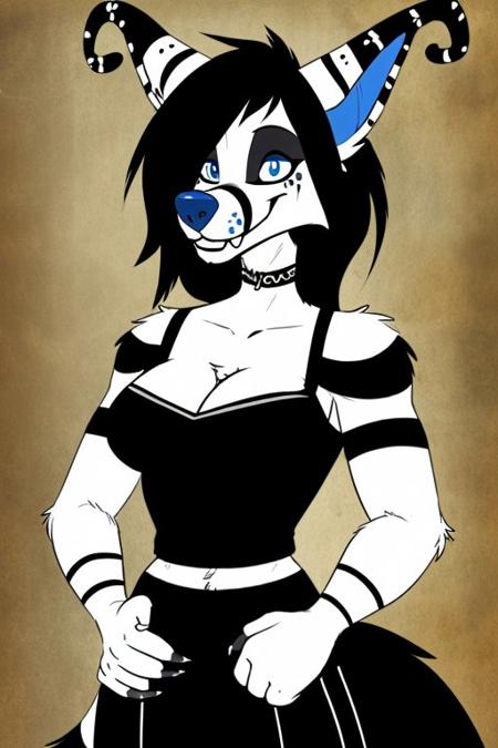 crux, tail, striped, female, cleavage, clothed, highly detailed, detailed eyes, <lora:crux_3400:.8>