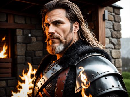 (Highest quality:1.3), cinematic shot, masterpiece, (sharp focus:1.5), (photorealistic:1.3), medium portrait of (a weary-looking but still proud and fierce-looking old Viking warrior, now the leader of his village, dressed in elaborately detailed chain mail and leather armour, a few torches burn on the walls, giving the scene a dark atmosphere but sculpting the forms in sharp chiaroscuro), it is night time, (highly detailed skin), (detailed face), detailed background, dark lighting, twilight lighting, volumetric lighting, intricate details, UHD