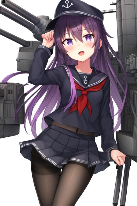 masterpiece, best quality, highres, solo, {akatsuki_kantaicollection:1.10}, long_hair, serafuku, hat, purple_eyes, anchor_symbol, flat_cap, purple_hair, black_hair, blush, hair_between_eyes, 1girl, black_pantyhose, cannon, machinery, neckerchief, pantyhose, school_uniform, skirt, turret, anchor, looking_at_viewer, open_mouth