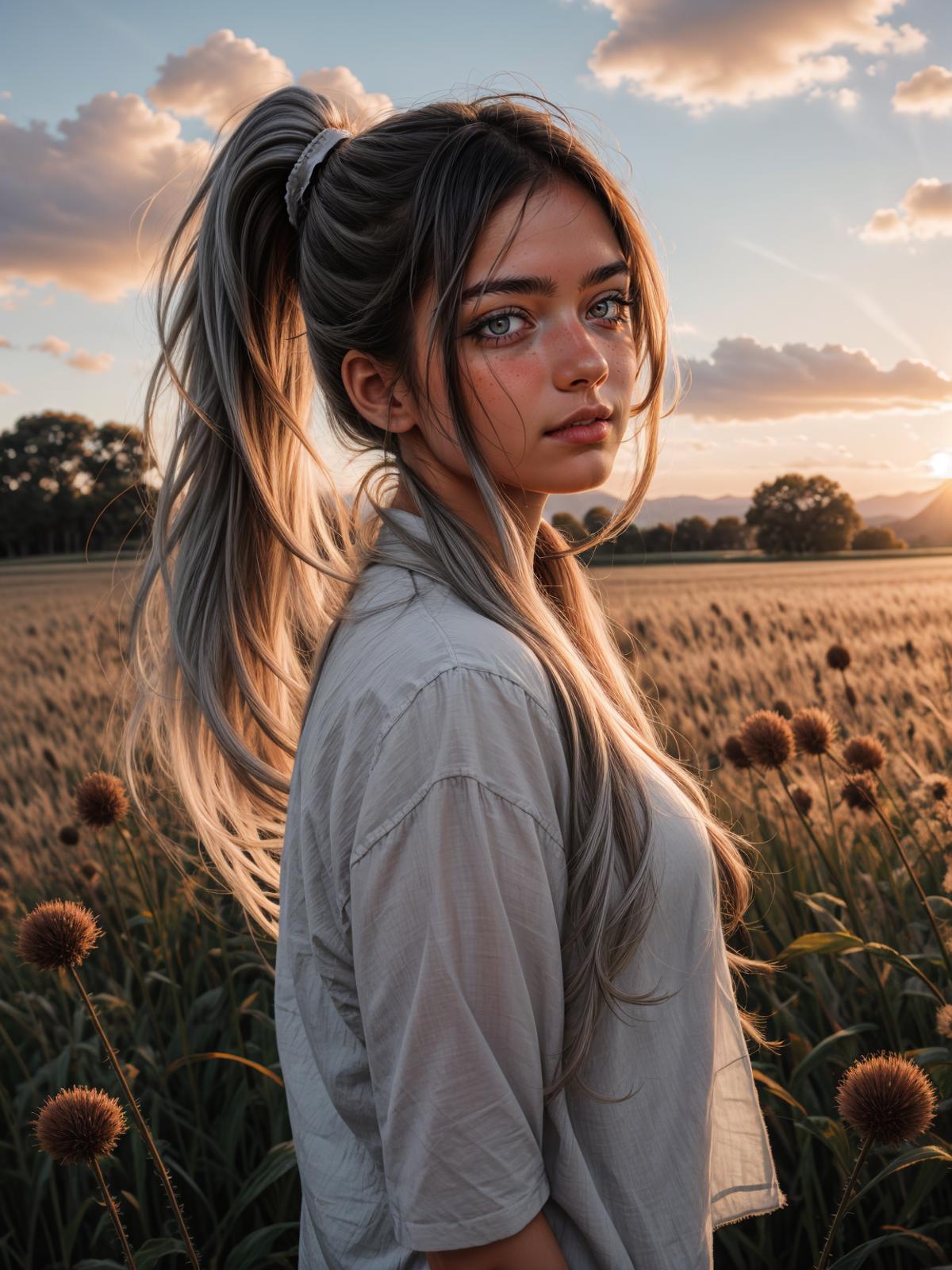 A young girl with long blonde hair looking backward in a field of flowers.