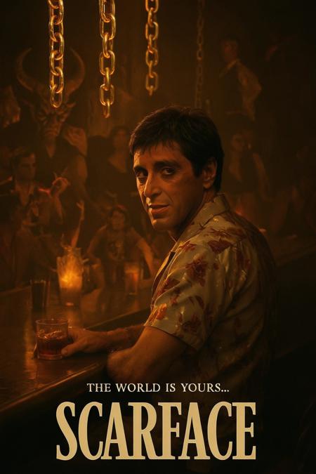 cinematic poster, Tony Montana seated at a long infernal bar, open floral shirt illuminated by overhead glowing gold chains, half-turned to camera with a sardonic smirk, medium shot, over-shoulder angle, background: demon bartenders pouring molten drinks, mood of retro swagger mixed with moral rot, warm tungsten lighting contrasted by deep shadows, color theme of tawny amber, oxidized brass, and ash gray, style reference Goodfellas’ dynamic group stills reimagined in Hell, "SCARFACE", “THE WORLD IS YOURS…”
