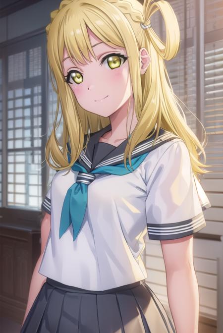 mariohara, <lora:mari ohara s2-lora-nochekaiser:1>,
mari ohara, long hair, bangs, blonde hair, hair ornament, (yellow eyes:1.3), braid, medium hair, hair rings, crown braid, smile,
BREAK skirt, school uniform, short sleeves, pleated skirt, serafuku, socks, neckerchief, kneehighs, black socks, green neckerchief, grey skirt, uranohoshi school uniform,
BREAK indoors, classroom,
BREAK looking at viewer, (cowboy shot:1.5),
BREAK <lyco:GoodHands-beta2:1>, (masterpiece:1.2), best quality, high resolution, unity 8k wallpaper, (illustration:0.8), (beautiful detailed eyes:1.6), extremely detailed face, perfect lighting, extremely detailed CG, (perfect hands, perfect anatomy),