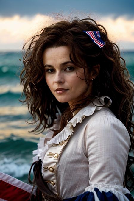 <lora:Helena_Bonham_Carter:1> 1woman, solo, mature hb1873c, , brown_hair, wavy hair, messy hair, patriotic costume ,  ocean , night