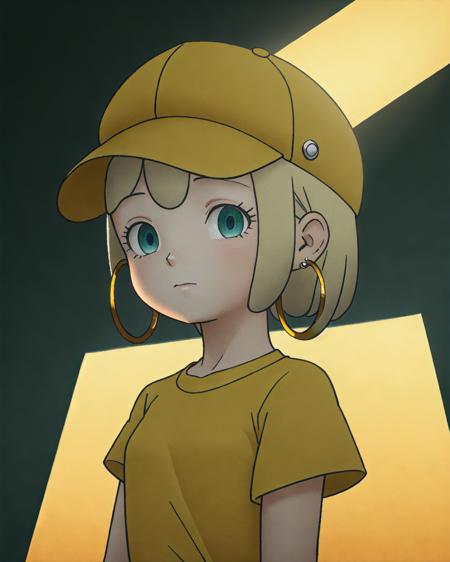 1girl, aqua eyes, baseball cap, blonde hair, closed mouth, earrings, green background, hat, hoop earrings, jewelry, looking at viewer, shirt, short hair, simple background, solo, upper body, yellow shirt, best quality, absurdres, highres, (original), (extremely detailed wallpaper), 8k, (color), (trending on artstation, cgsociety, pixiv:0.65), highly detailed, (coherent:1.5), (beautiful composition:1.2),  (dynamic lighting), (intricate:1.1), (symmetrical:0.5), (hd:1.25), (masterpiece:0.9), [sunbeam, light_rays], blurry_background, depth of field,
 <lora:darknoiseOffset:0.75> <lora:kaibanime:0.5>