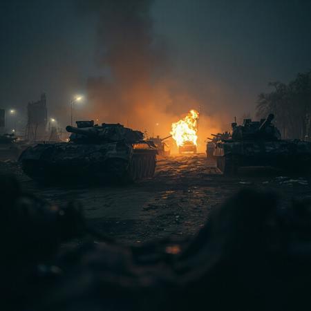 close photo of a infantry fighting vehicle, very low ground point of view, night time, several tanks burning around, everything is destroyed, ruined, dark atmosphere, ground road is dirty and wet, opaque mist.
on a background we can see some ruined cityscapers.
on the very foreground we see some part of burned tanks.
