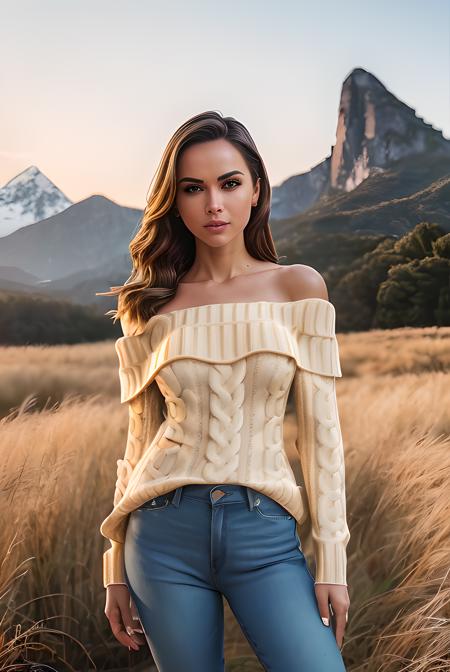 photo of (EcB3101:0.99), a woman as a sexy TikTok influencer, (standing in a field),(wearing tight jeans), ((off the shoulder sweater:1.4)) , modelshoot style, (extremely detailed CG unity 8k wallpaper), large breasts, photo of the most beautiful artwork in the world, professional majestic (photography by Steve McCurry), 8k uhd, dslr, soft lighting, high quality, film grain, Fujifilm XT3 sharp focus, f 5.6, High Detail, Sharp focus, dramatic, ((mountains in the background)), (golden hour:1.2),( sunset:1.2), (looking off to the side:1.2), (detailed pupils:1.3), (natural light), (closeup:1.2), (seductive)