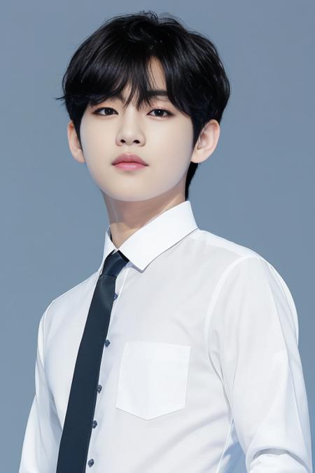 (1boy), (best quality), (masterpiece), (high resolutionsolo), <lora:kboys:0.5>
solo, shirt, male focus, white shirt, blue background, black hair, looking at viewer, simple background, upper body, collared shirt, black eyes