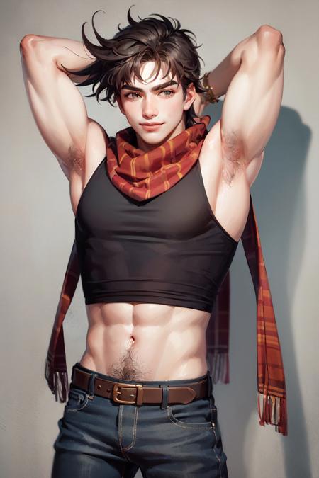 (masterpiece, best quality:1.2), <lora:jojo_joseph_joestar-10:1>, cowboy shot, solo, male focus, 1boy, joseph joestar, (muscular:1.1) male, smile, closed mouth, looking at viewer, arms behind head, brown hair, tank top, jeans, multicolored scarf, striped scarf, midriff