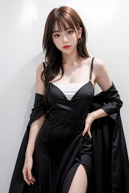 1girl, hair with bangs, black formal long dress, white background, <lora:Fangko_ok-02:1>