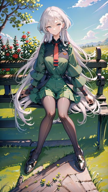 masterpiece, best quality, <lora:MiorineV2.0:1>, 1girl, solo, miorine rembran,pantyhose,green shorts, long hair, asticassia school uniform, night, shorts, grey eyes, black pantyhose, white hair,short necktie, green shorts, full body, bangs, loafers, shoes, long sleeves, breasts, red necktie, sitting, hair between eyes, brown footwear,