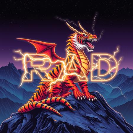 A tiger-striped dragon sitting on a mountain-top. Orange and black stripes.  Two horns.  Dragon Wings. Roaring.  Breathing fire.
Background mountains at night. Cosmic skyscape.  Synthwave colorscheme. Very realistic, fantasy illustration.
with the phrase "RAD" emblazoned in 3D, intricate, lightning patterns, with a predominantly neon colors,