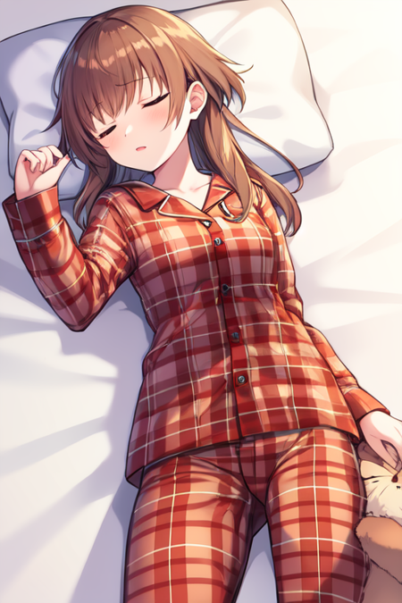 olette, 1girl, solo, sleeping, plaid pajamas