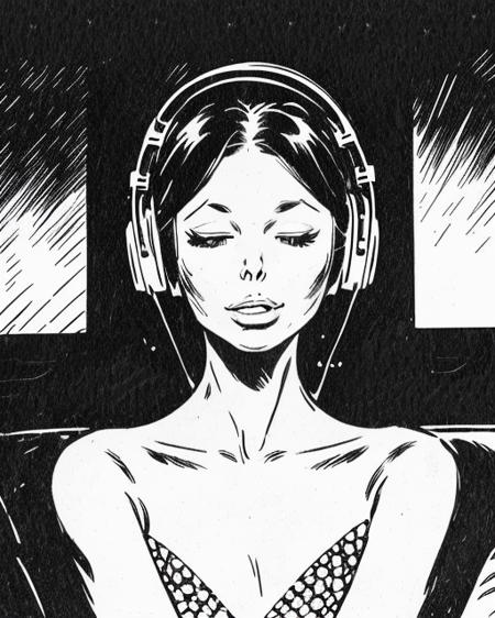 <lora:carlosgimenez:1> gimenez black and white drawing a beautiful woman wearing white headphones, eyes closed meditating, close portrait cinematic
