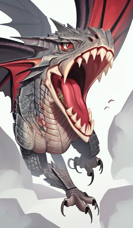 armored dragon, wyvern, saliva, claws, iron scales, monster, sharp teeth, fangs, open mouth, masterpiece, best quality, absurdres <lyco:dragonAgeTarot-000020:0.75>