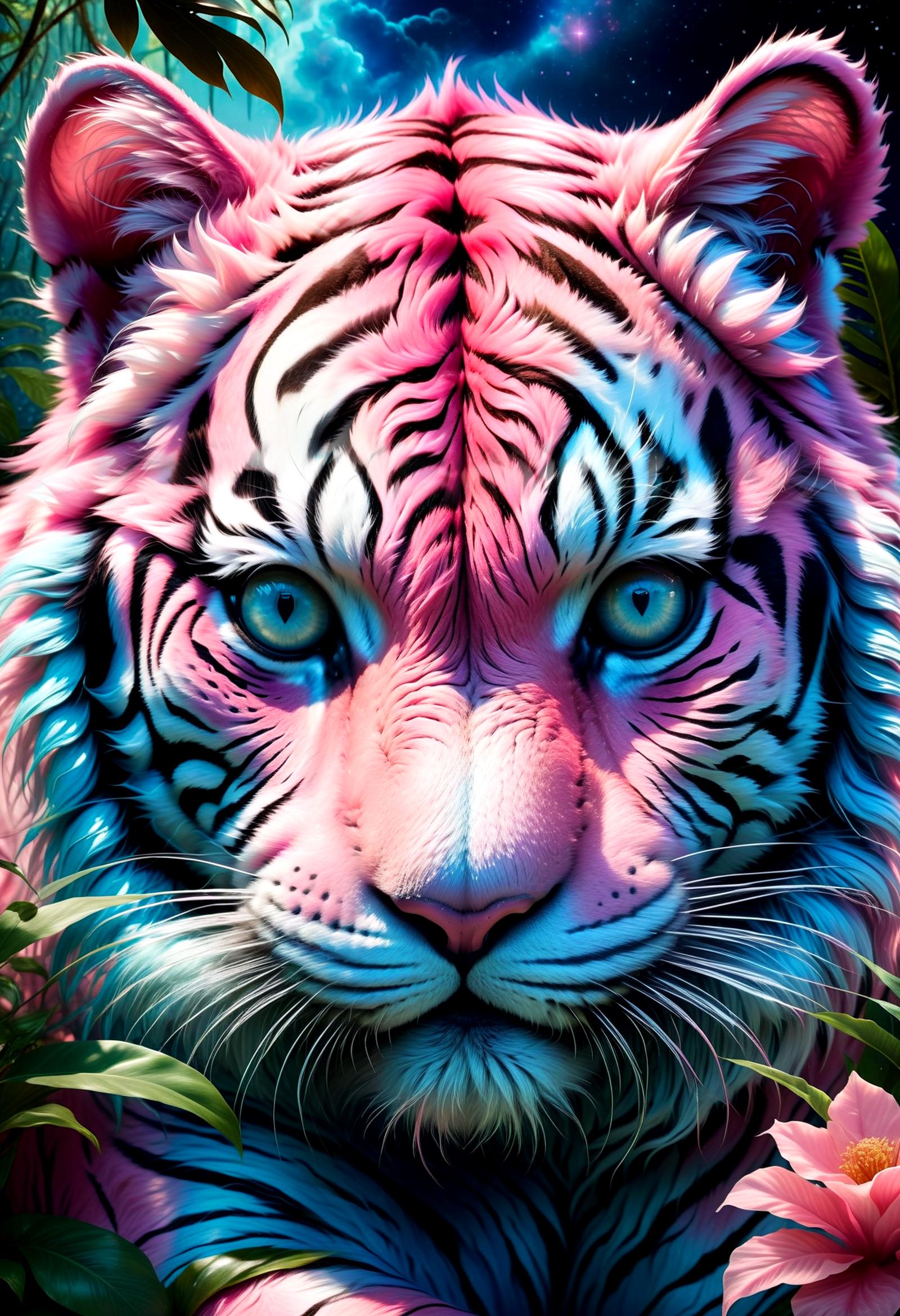 A close-up of a tiger's face with pink and blue colors, surrounded by green leaves.