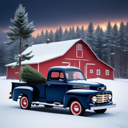 old dark blue 1952 Ford truck with a  fir tree in its cabin. Winter background with a red farm eve and snowy woods.