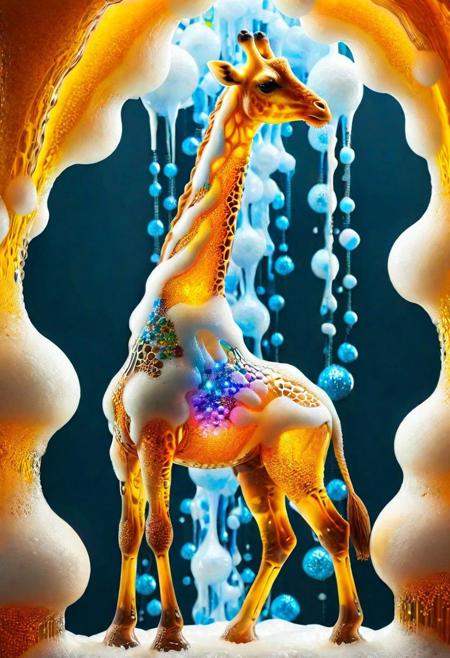 macro photo, a beautiful translucent glass giraffe that glows within, glowing lights, beautiful waterfall , made out of multicolored transparent delicate glass, magical sparkles,vibrant whimsical colors <lora:ral-beer:1> made of ral-beer