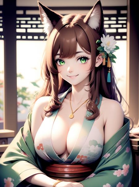 1girl, long hair, kimono, smile, bracelet, green eyes, upper body, animal ears, brown hair, sitting, temple, cleavage,