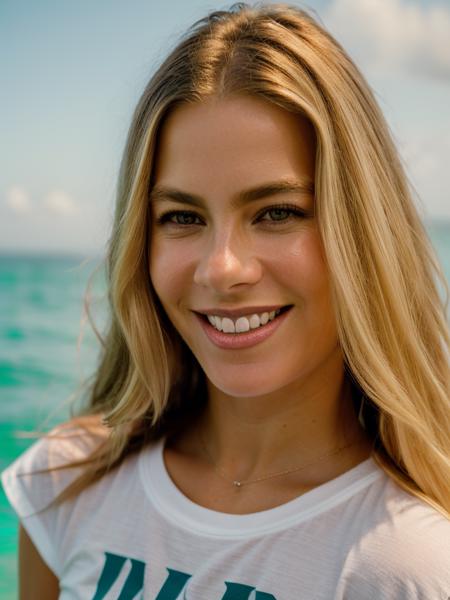 Realistic photo of a beautiful s0f14v-v2 woman, 1girl, solo, long hair, looking at viewer, smile, (((blonde hair))), white t-shirt, brown eyes, upper body, outdoors, sky, teeth, day, water, grin, ocean, beach, realistic, sand, soft lighting, professional Photography, Photorealistic, detailed, RAW, analog, sharp focus, 8k, HD, DSLR, high quality, Fujifilm XT3, film grain, masterpiece<lora:s0f14v-v2:1.0>