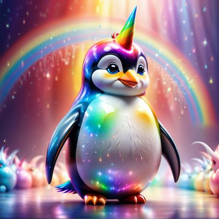 detailed background, (score_9, score_8_up, score_7_up), masterpiece, best quality, high quality, ultra detailed, highly detailed, high detail, artistic lighting, depth of field, perfect soft lighting, best shadows, perfect reflections, volumetric, detailed image, high resolution, sharp definition, Penguin made of rainbows, RainbowUnicornStyle,