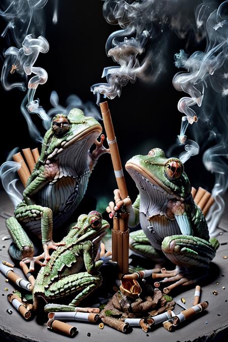 ral-cigarette, a bunch of frogs discussion the weather forecast for the next day, smoking <lora:ral-cigarette-sd15:1>