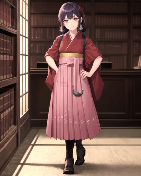 kimono, wide sleeves, long sleeves, anchor hakama, hakama skirt, long skirt cross-laced footwear, brown boots, high heel boots tasuki, short sleeves