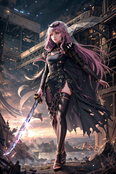 High Quality, Masterpiece, 1girl, solo, KatanaOneHand, holding, <lora:UBWKatanaOneHand:1>, blade to side, basic grip, blade down, blade right hand, MoriBase, long hair, veil, tiara, long black sleeveless dress, side slit, torn black cape, shoulder spikes, single black thighhigh, detached sleeves, see-through sleeve, <lora:Char_VTuber_CalliopeMori:0.9>